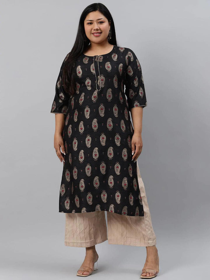 Plus Size Black Printed Silk Kurta - ShopLibas