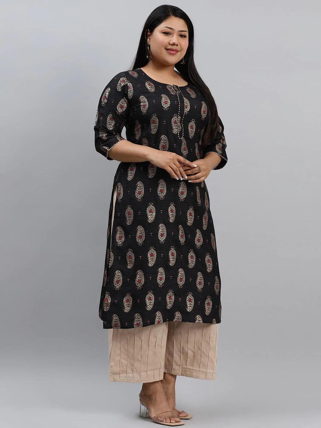 Plus Size Black Printed Silk Kurta