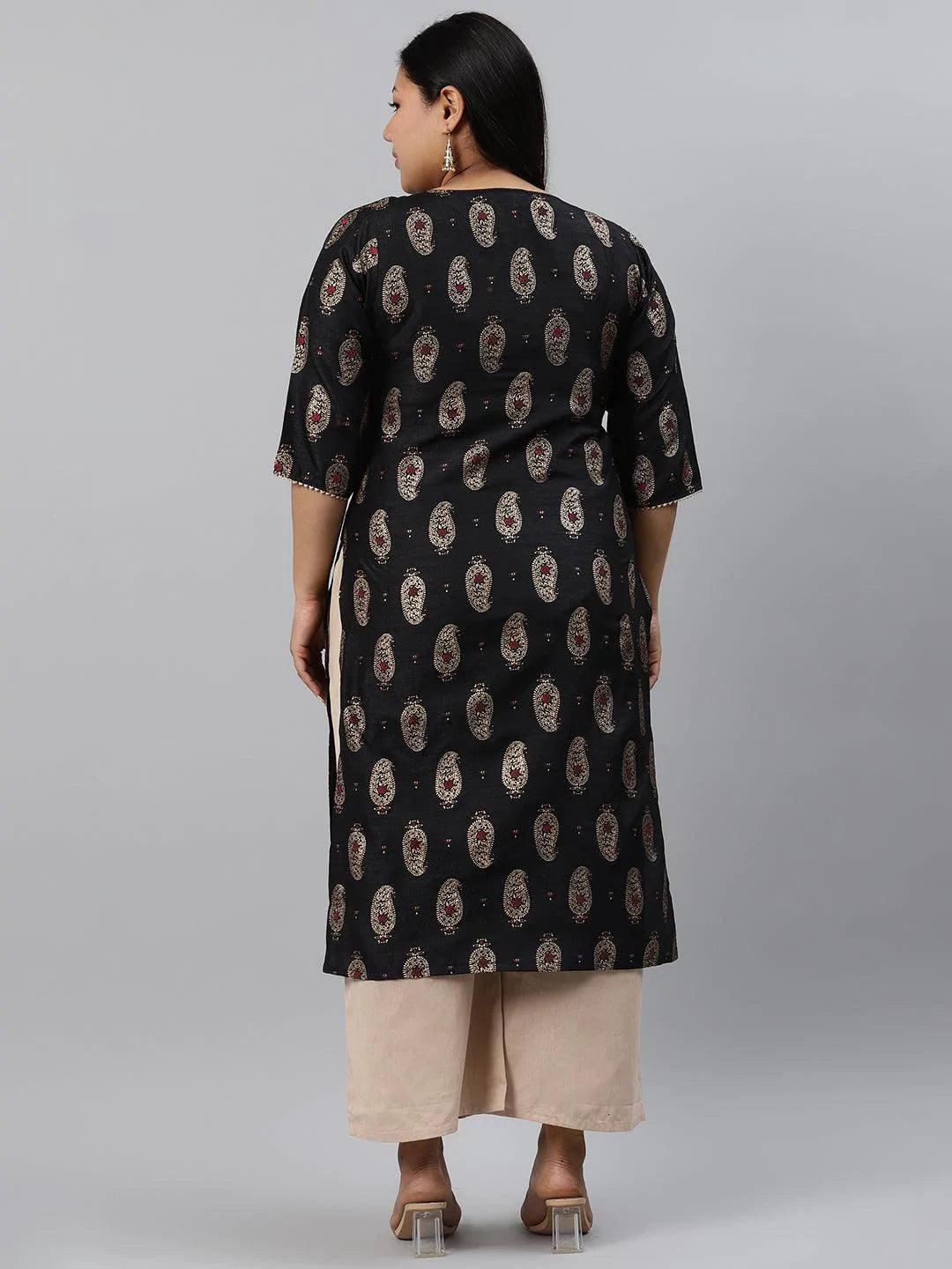 Plus Size Black Printed Silk Kurta