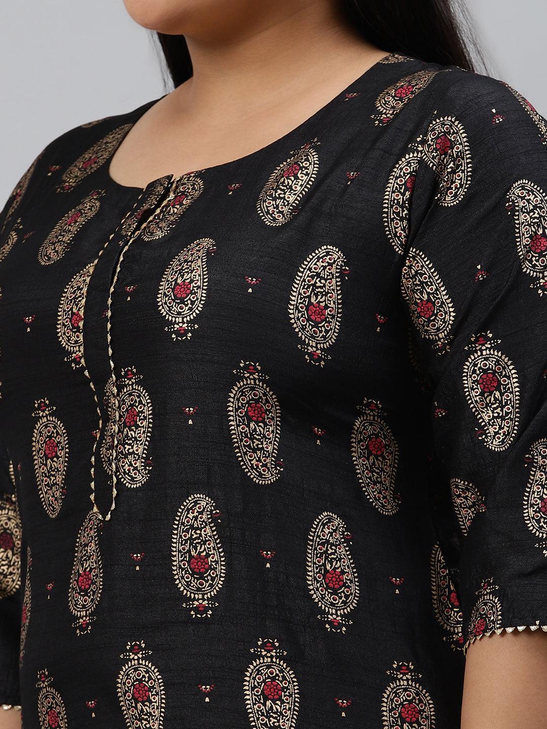 Plus Size Black Printed Silk Kurta