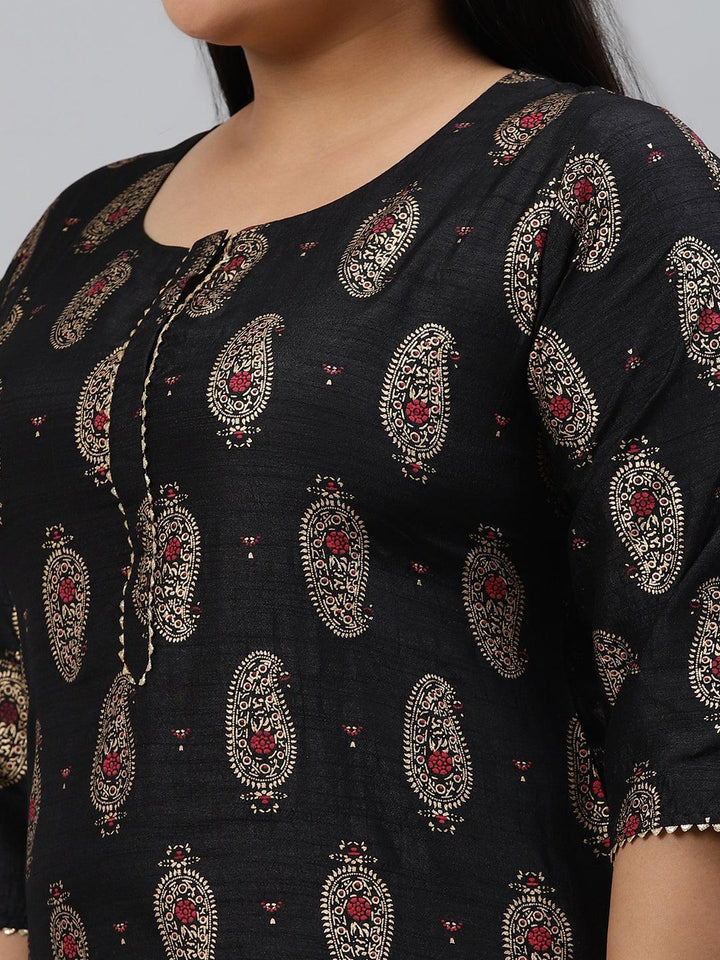 Plus Size Black Printed Silk Kurta - ShopLibas