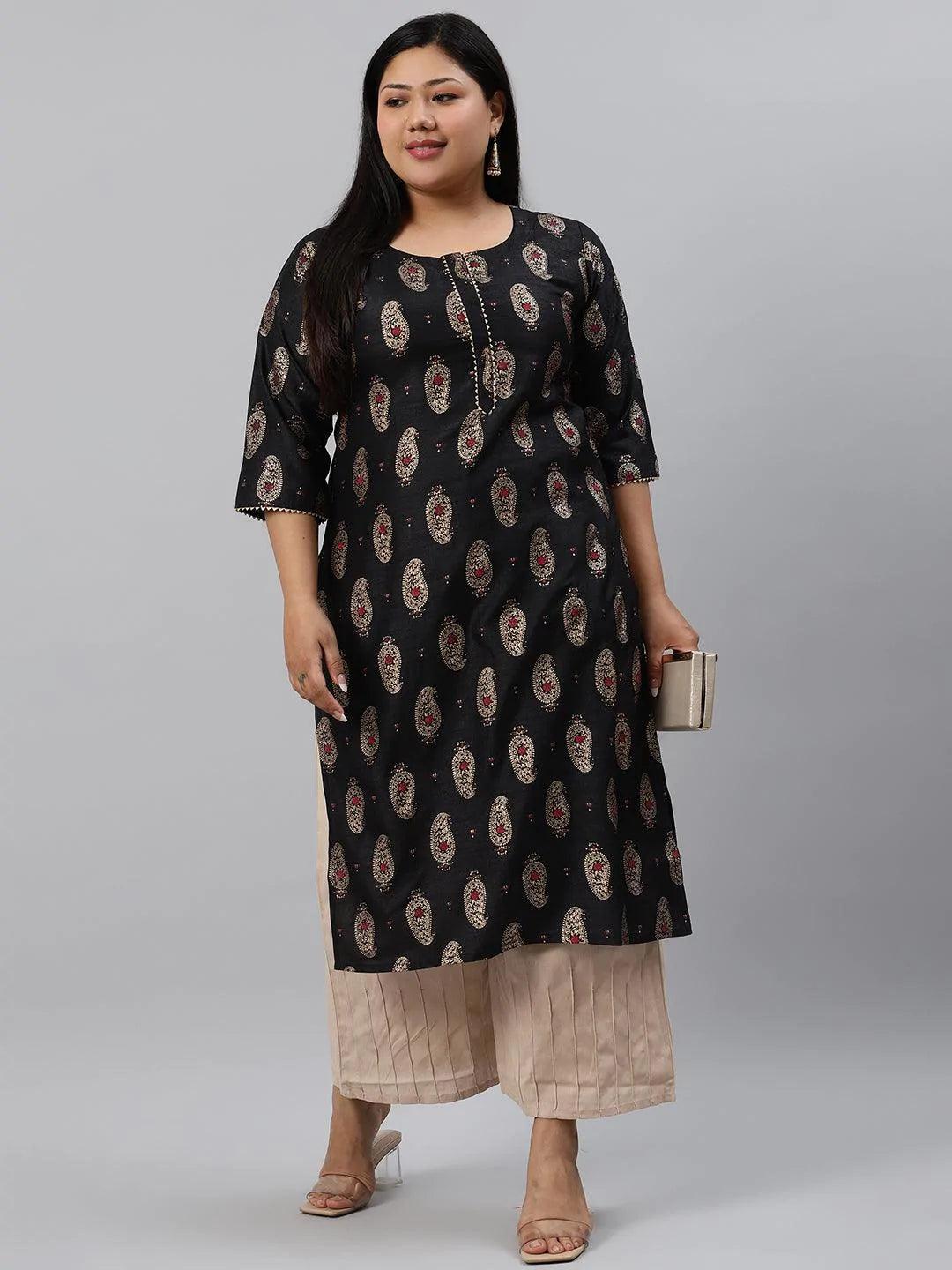 Plus Size Black Printed Silk Kurta