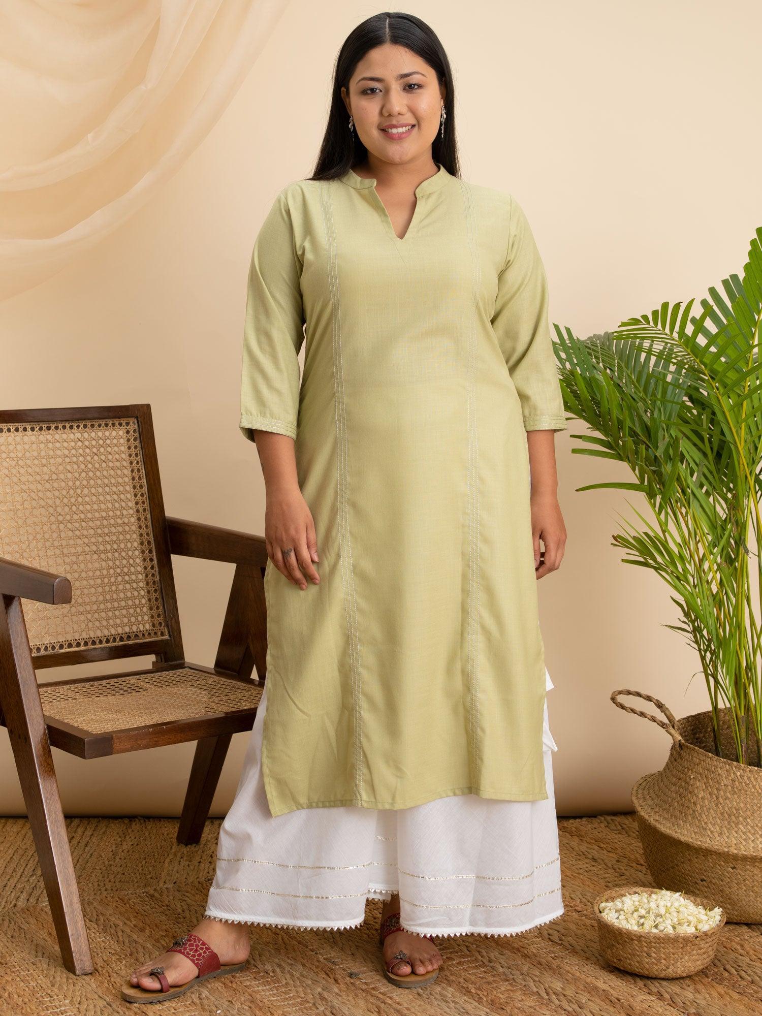 Plus Size Green Solid Cotton Kurta