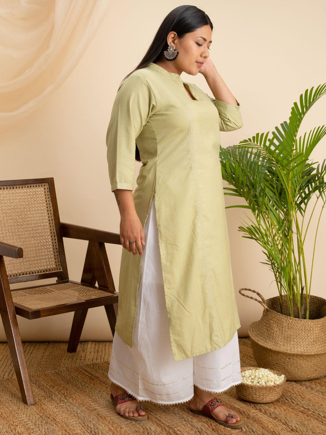 Plus Size Green Solid Cotton Kurta - ShopLibas