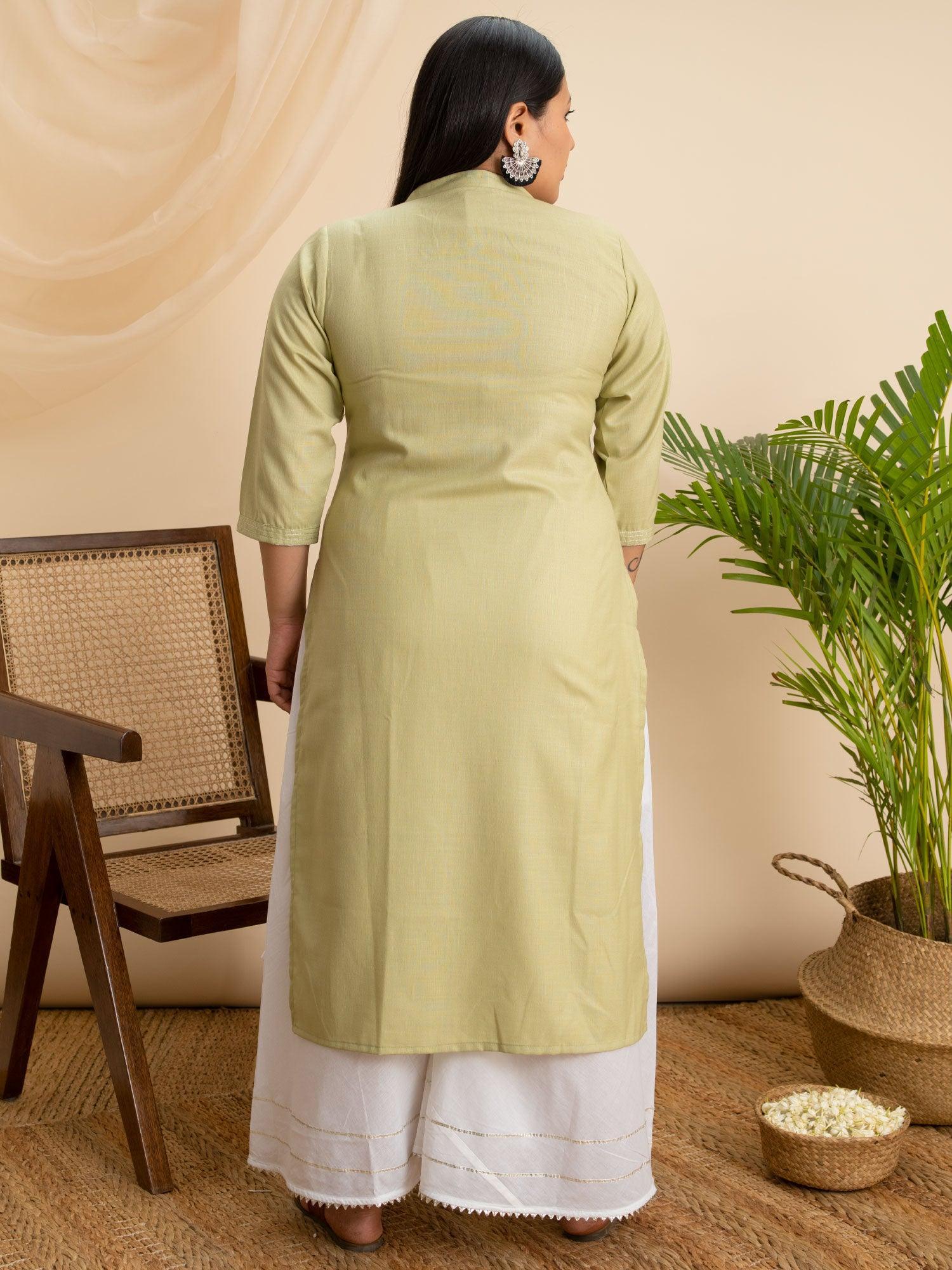 Plus Size Green Solid Cotton Kurta