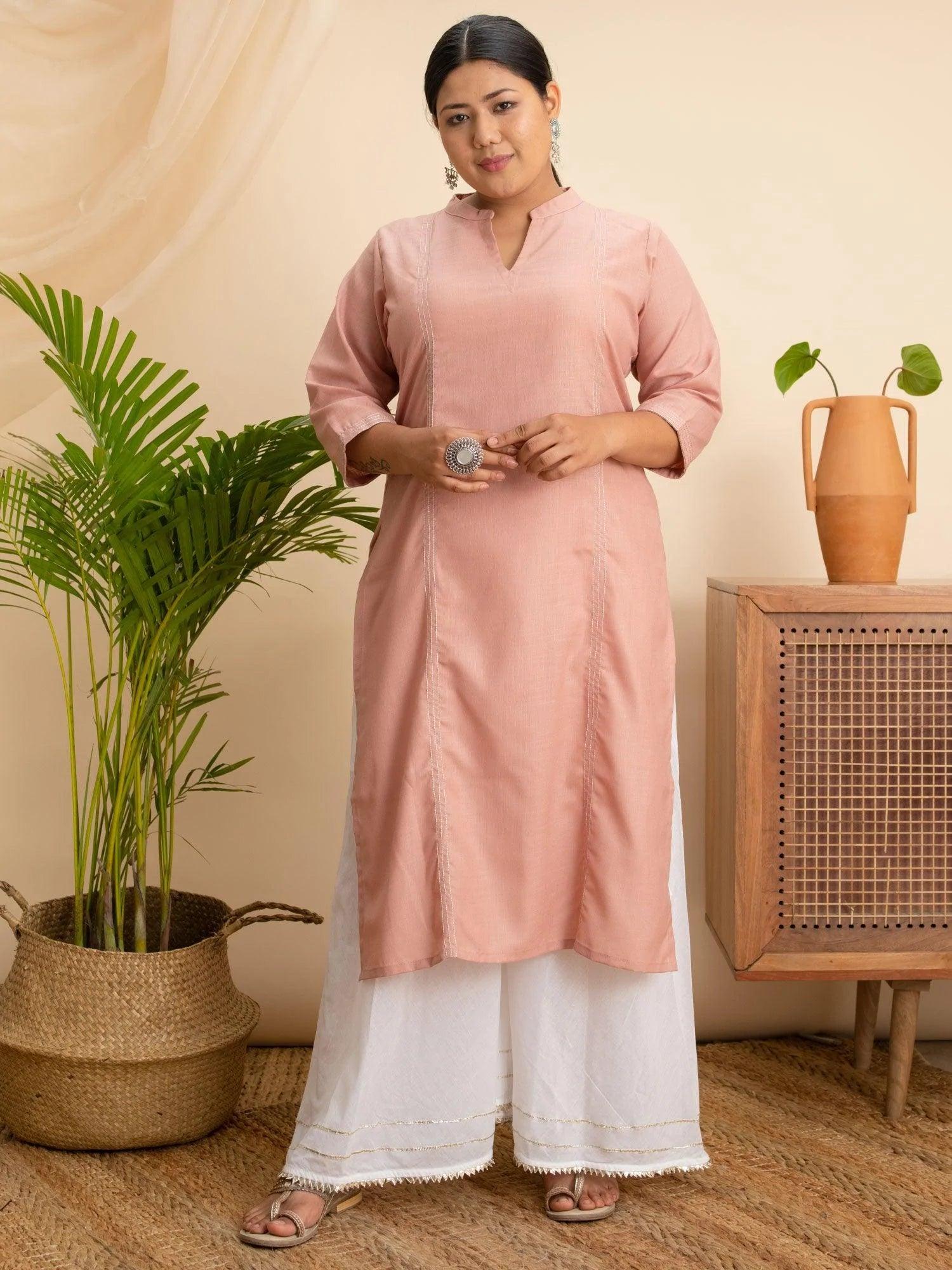 Plus Size Pink Solid Cotton Kurta