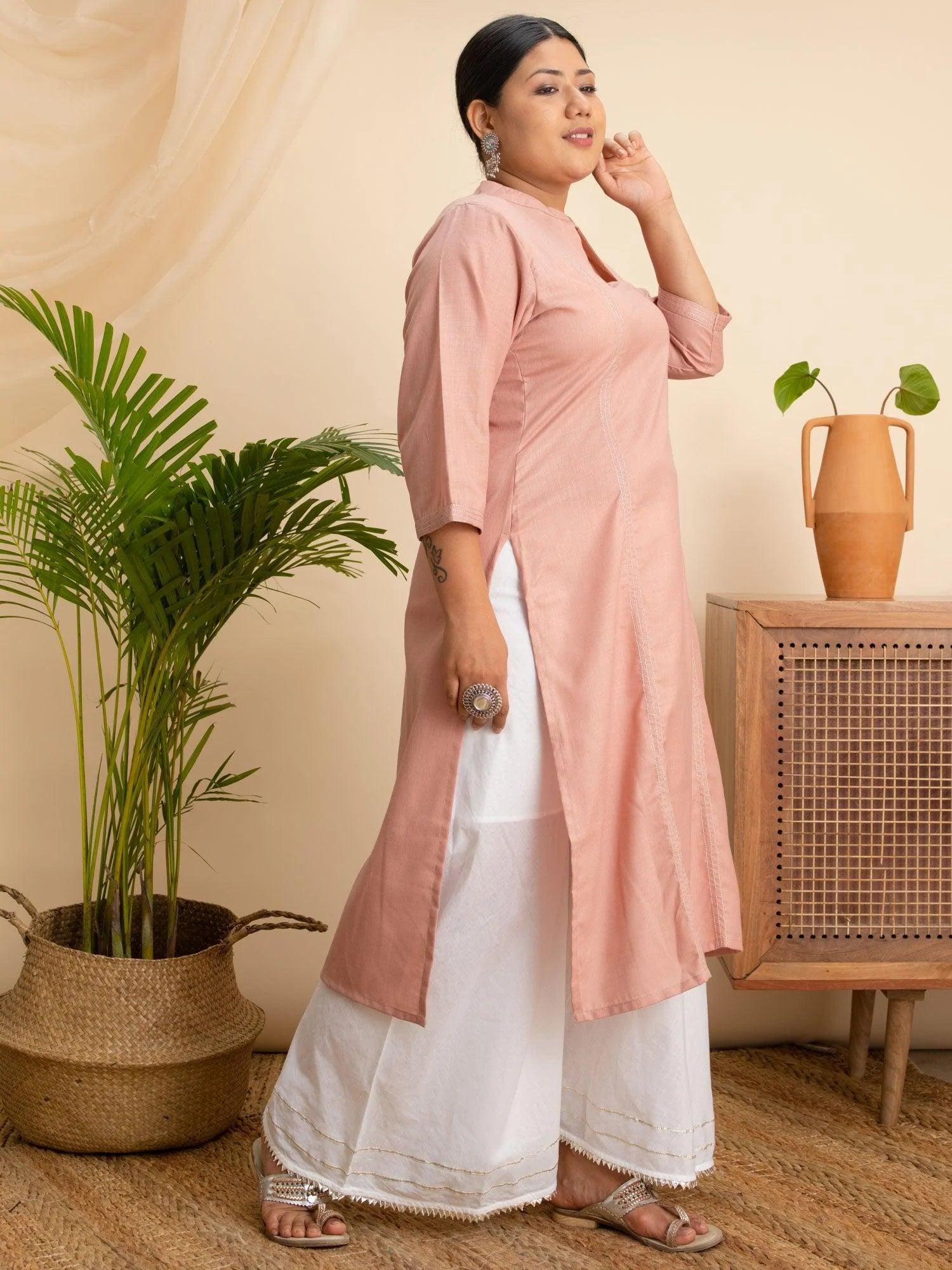 Plus Size Pink Solid Cotton Kurta