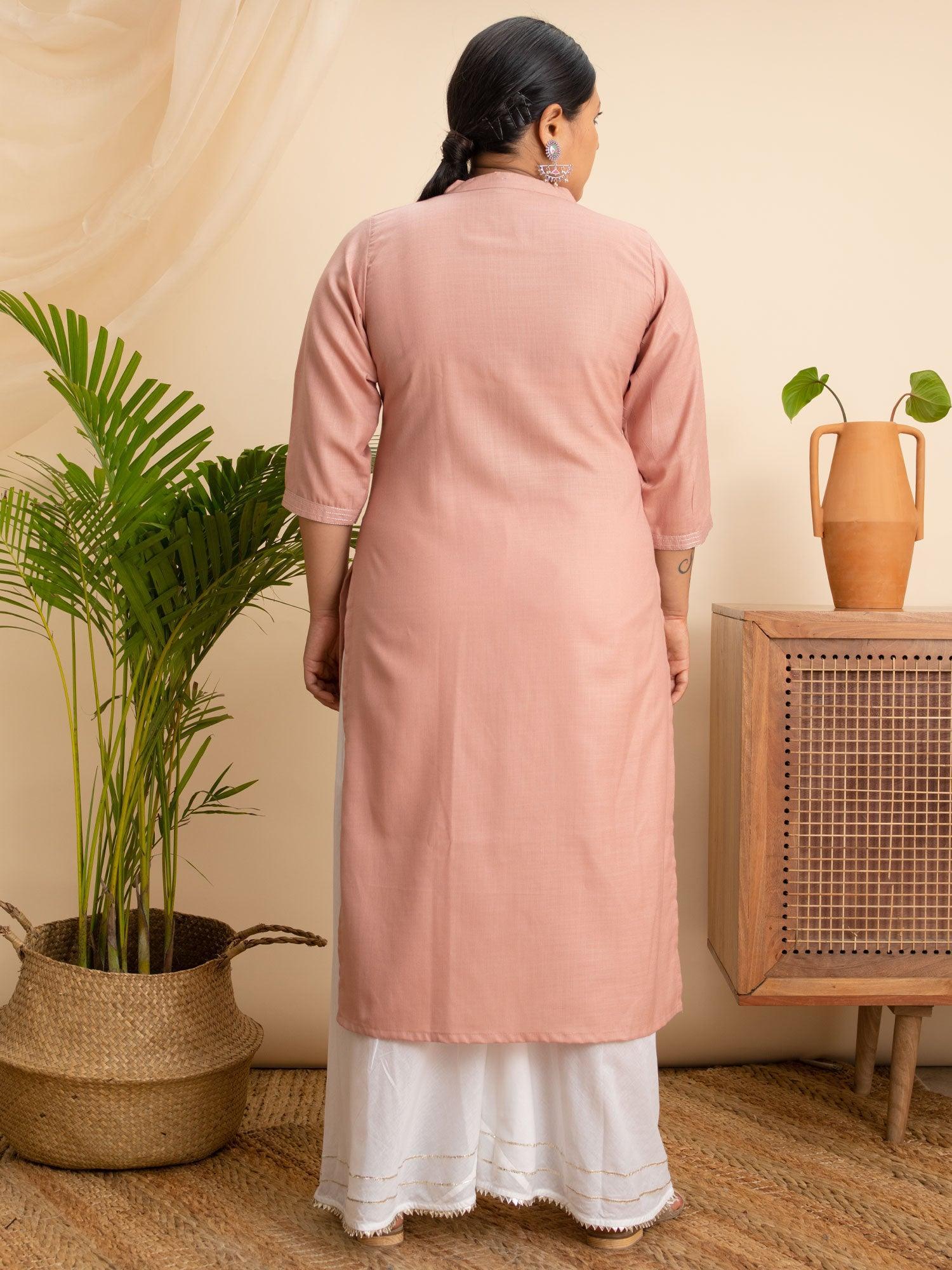 Plus Size Pink Solid Cotton Kurta