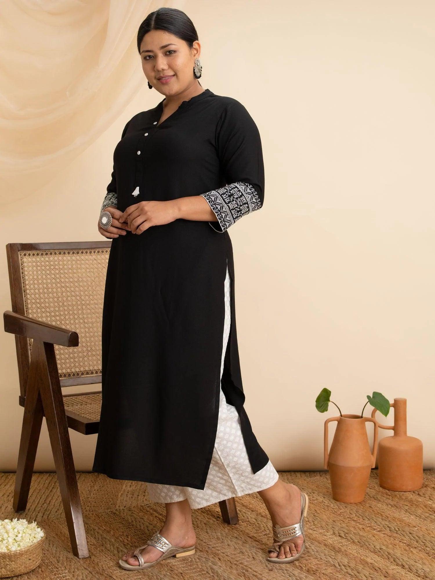 Plus Size Black Solid Rayon Kurta