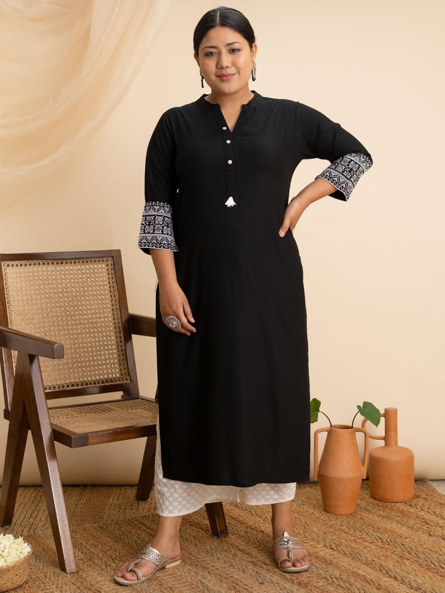 Plus Size Black Solid Rayon Kurta