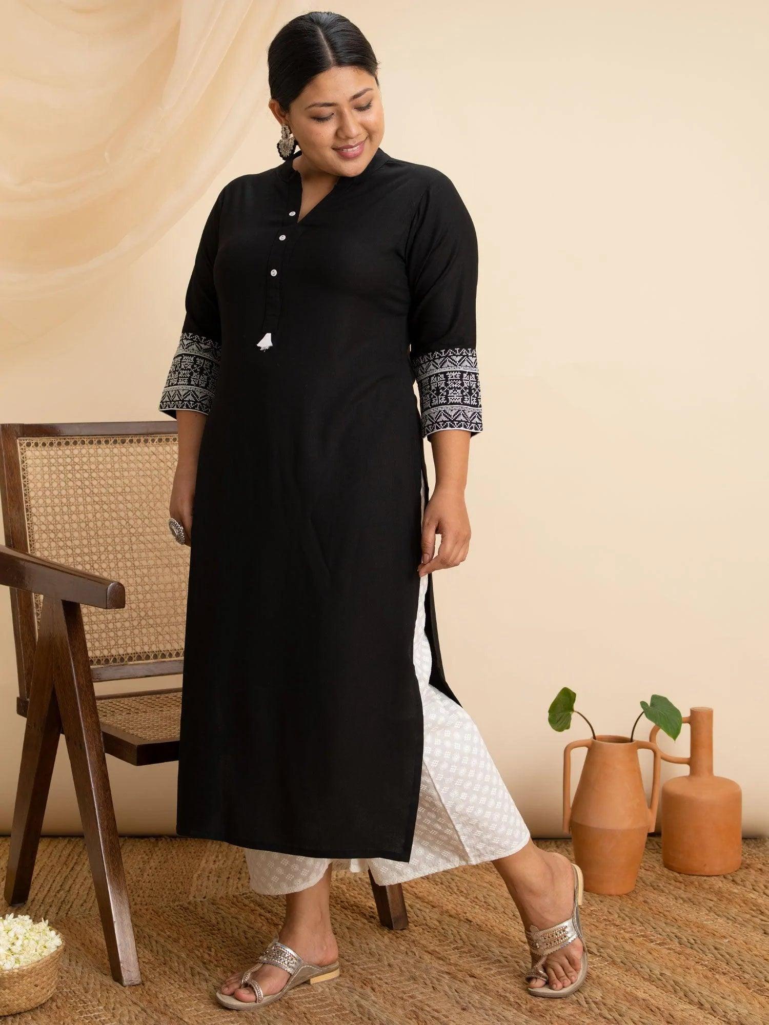 Plus Size Black Solid Rayon Kurta