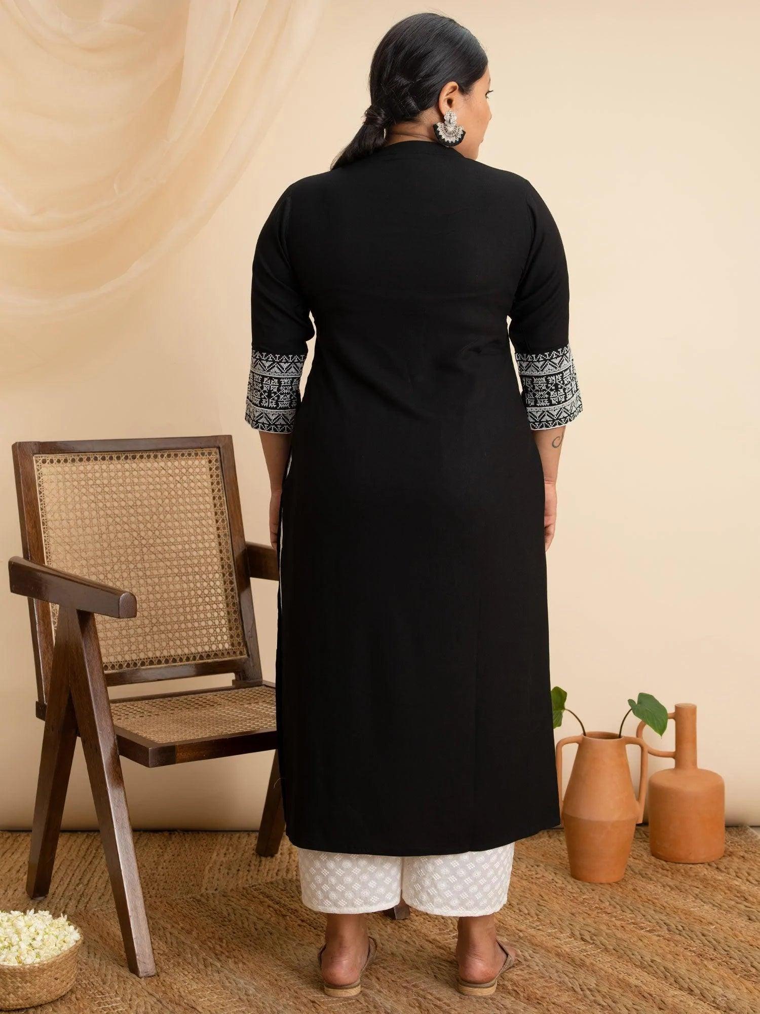 Plus Size Black Solid Rayon Kurta