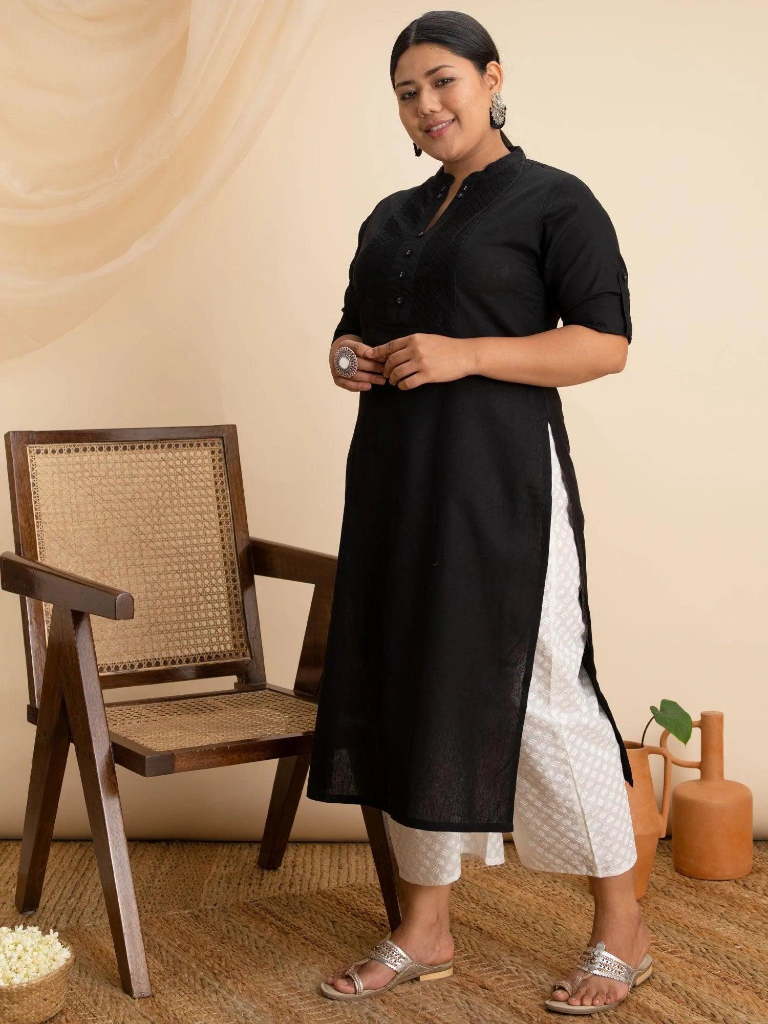 Plus Size Black Solid Cotton Kurta