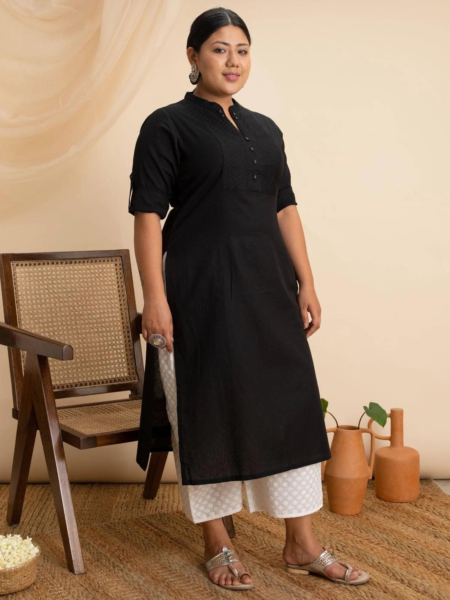 Plus Size Black Solid Cotton Kurta