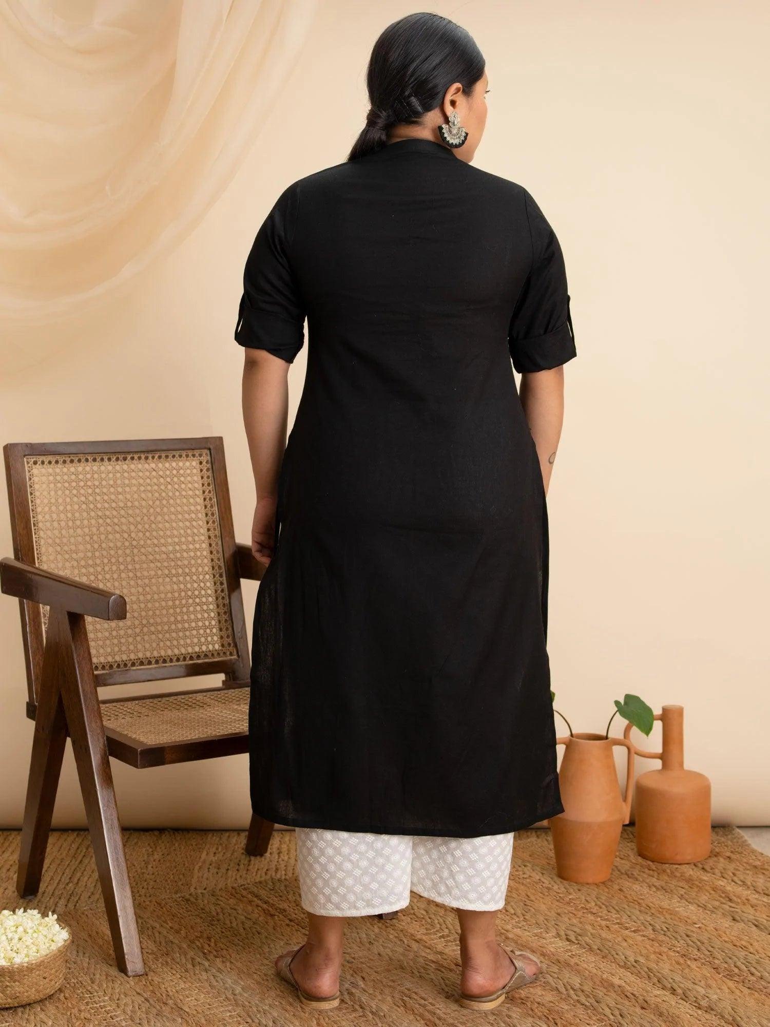 Plus Size Black Solid Cotton Kurta