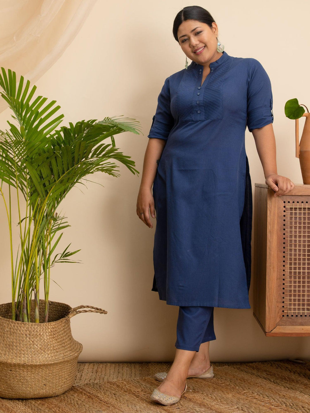 Plus Size Navy Blue Solid Cotton Kurta - ShopLibas