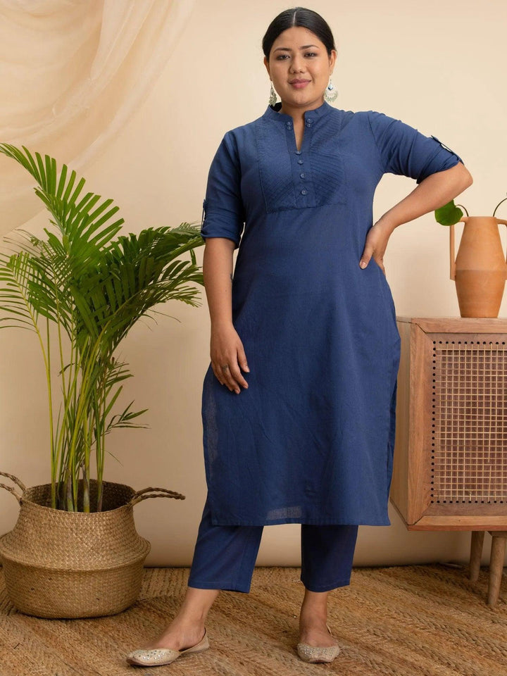 Plus Size Navy Blue Solid Cotton Kurta - ShopLibas