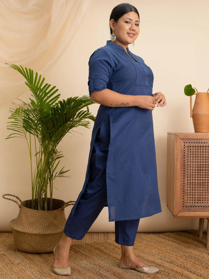 Plus Size Navy Blue Solid Cotton Kurta - ShopLibas