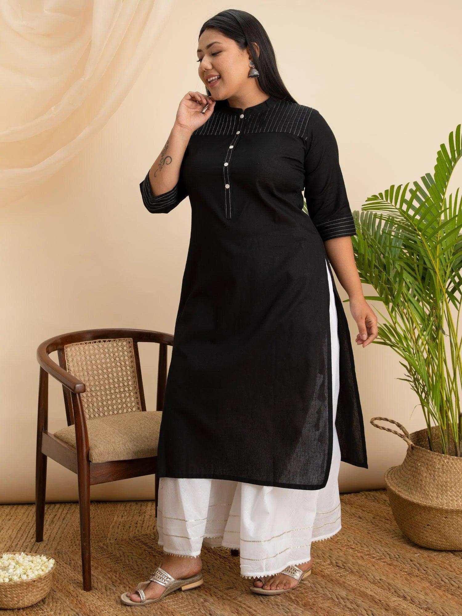 Plus Size Black Solid Cotton Kurta