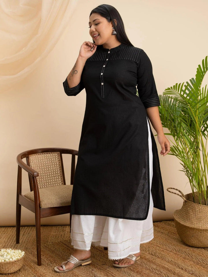 Plus Size Black Solid Cotton Kurta - ShopLibas