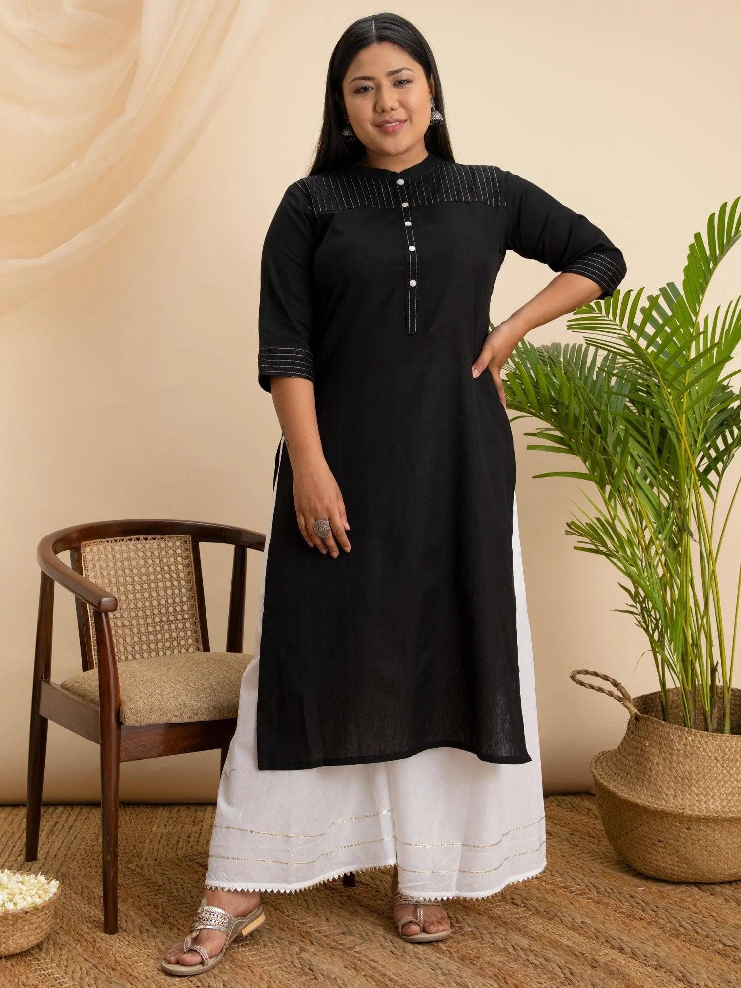 Plus Size Black Solid Cotton Kurta