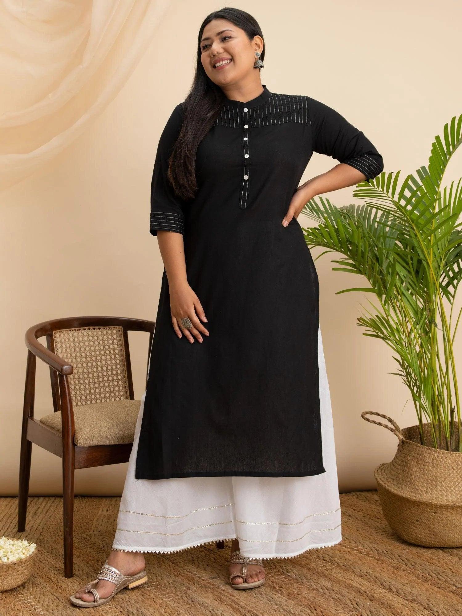 Plus Size Black Solid Cotton Kurta