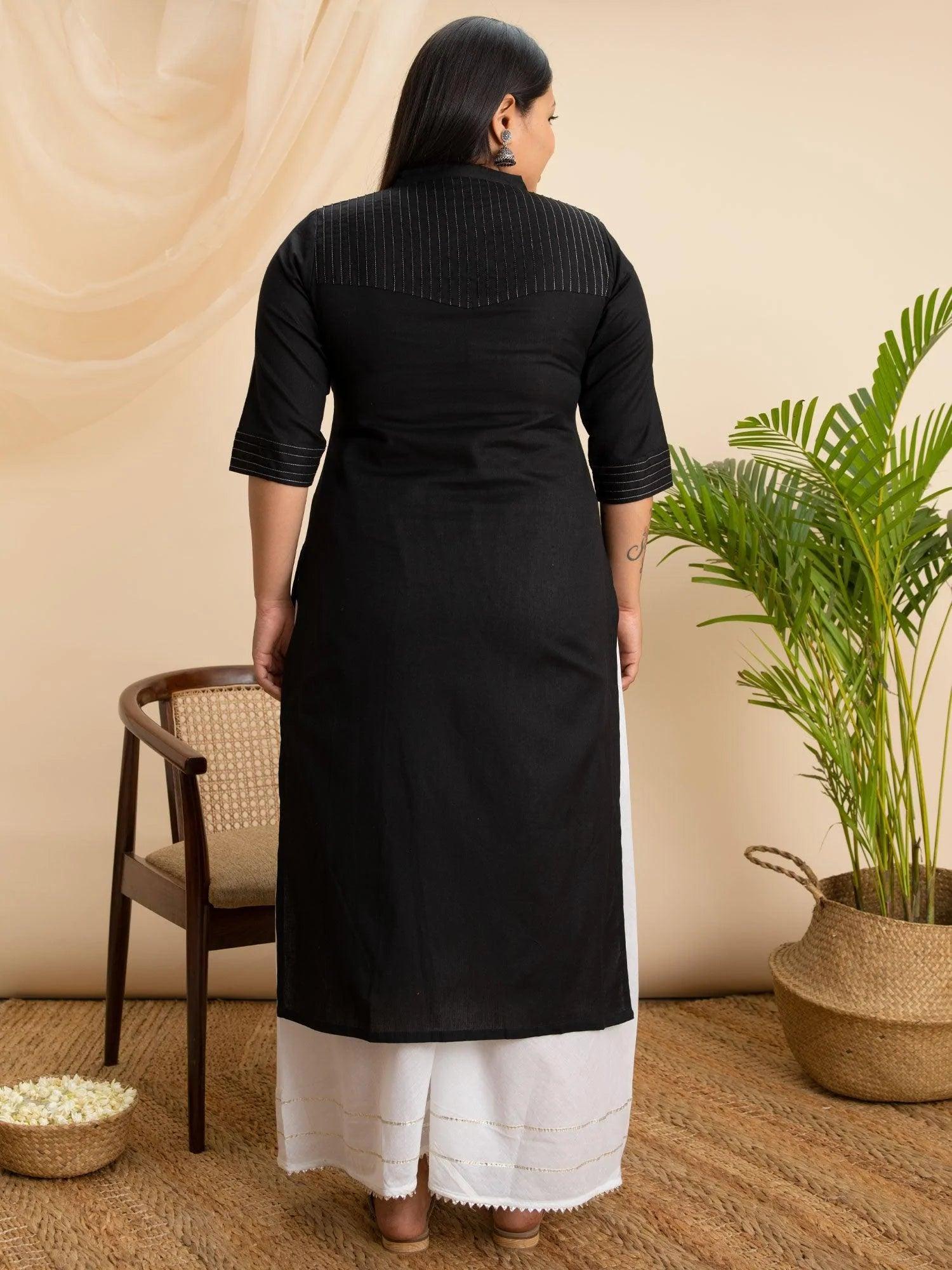 Plus Size Black Solid Cotton Kurta