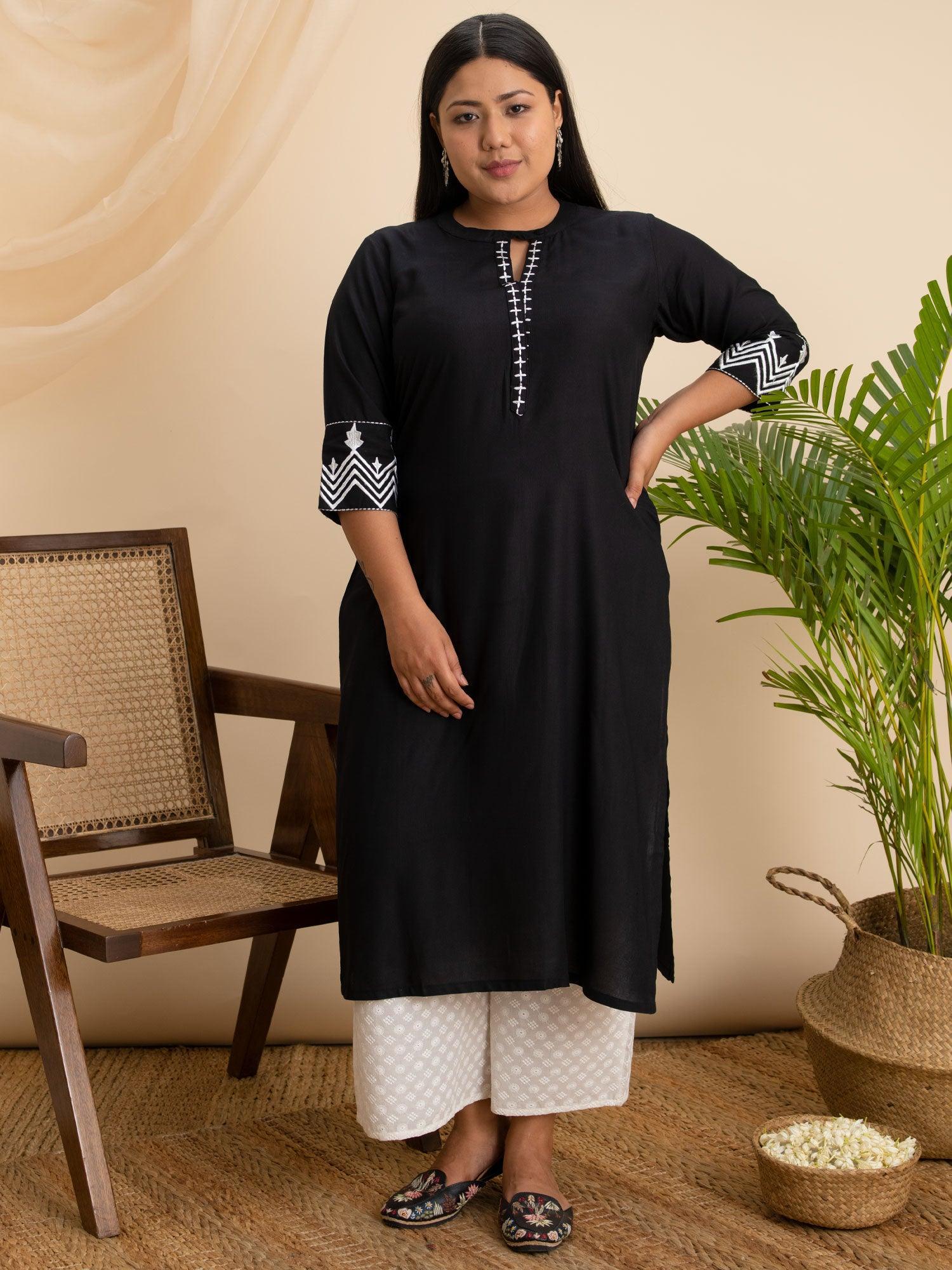 Plus Size Black Embroidered Rayon Kurta