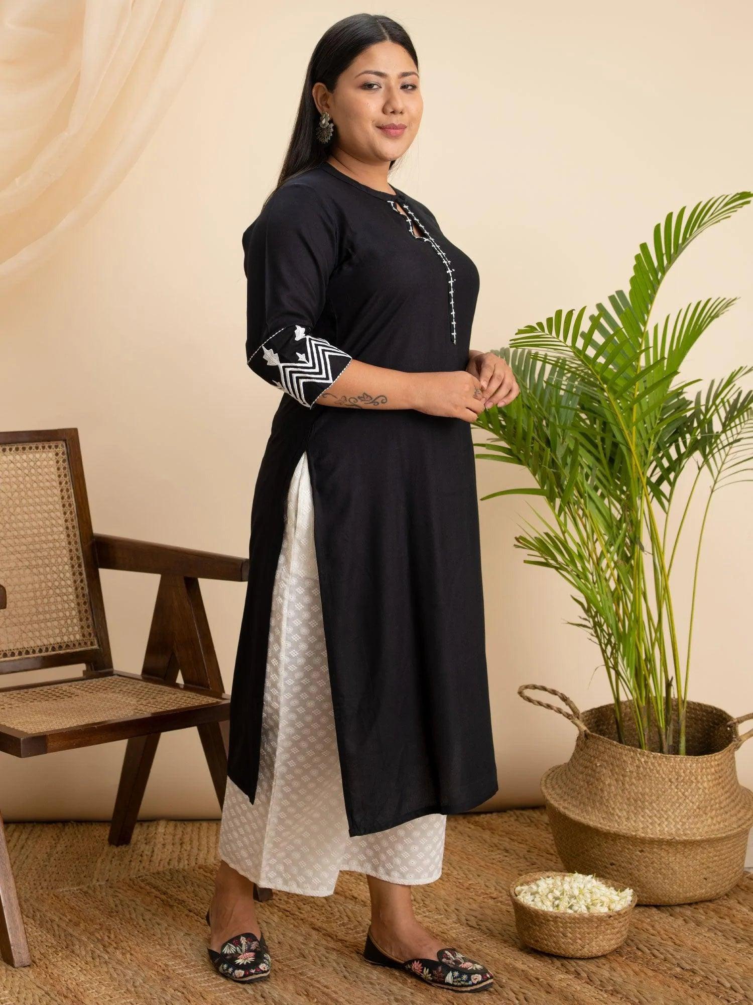 Plus Size Black Embroidered Rayon Kurta