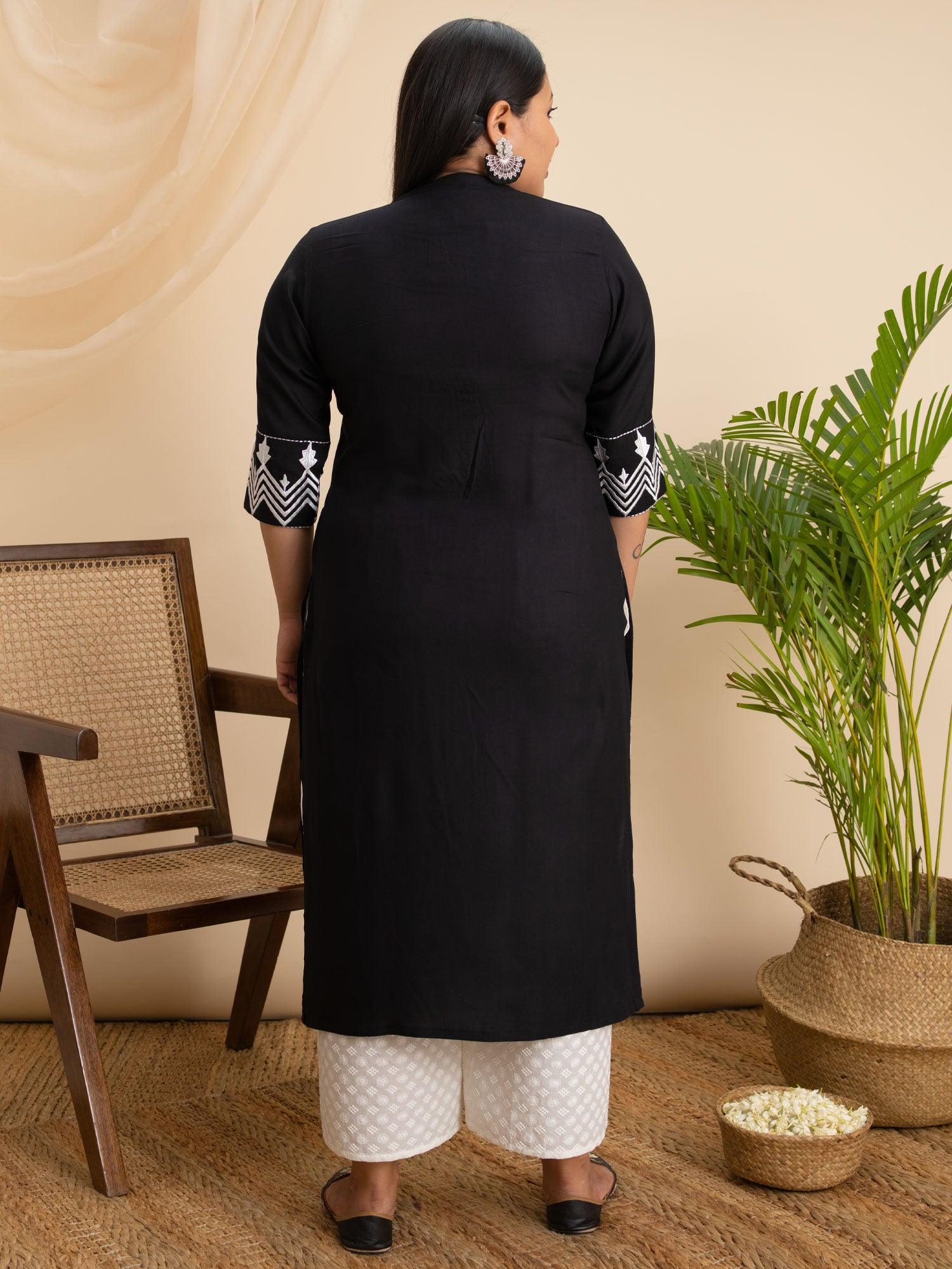 Plus Size Black Embroidered Rayon Kurta