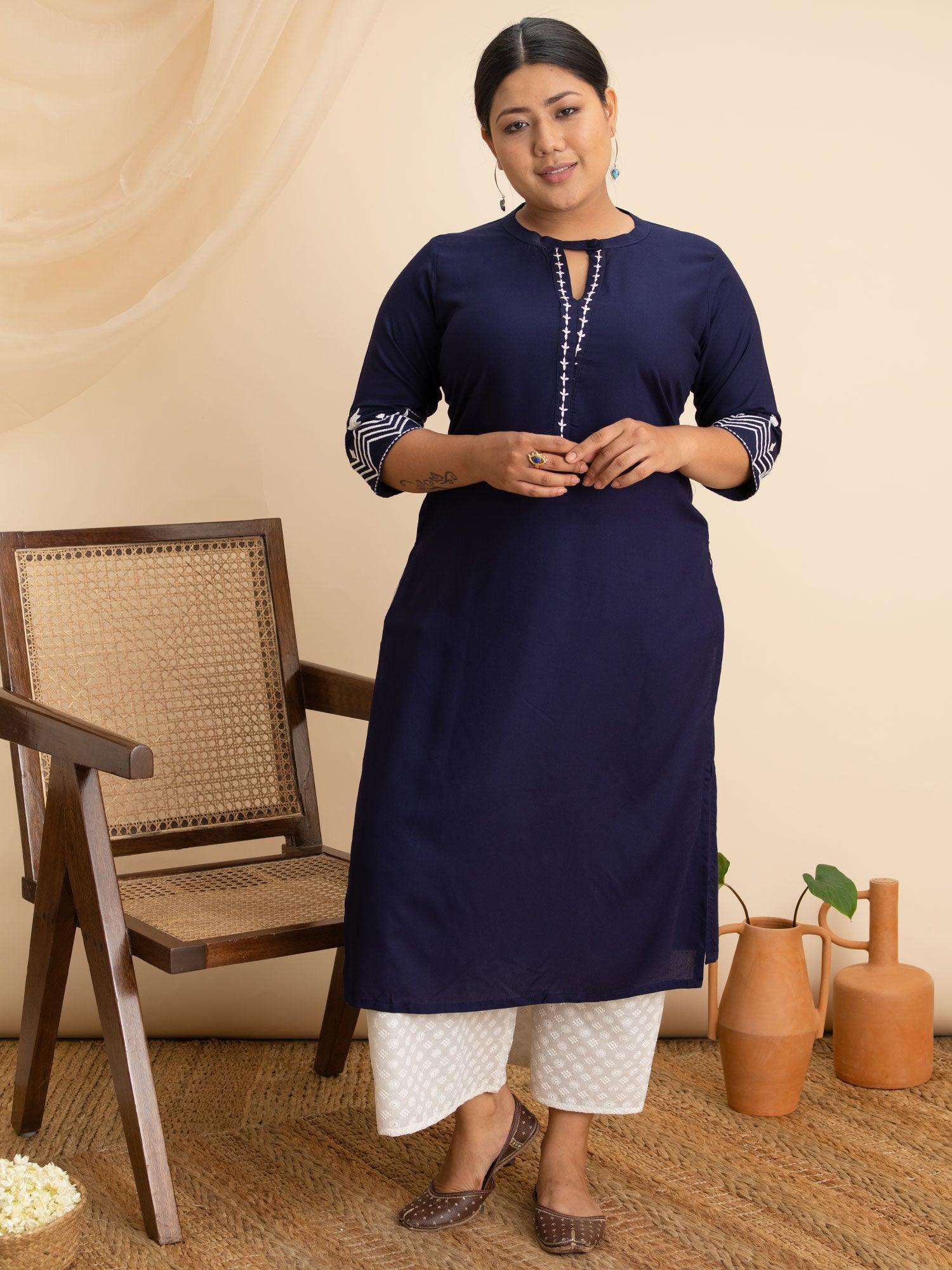 Plus Size Navy Blue Embroidered Rayon Kurta