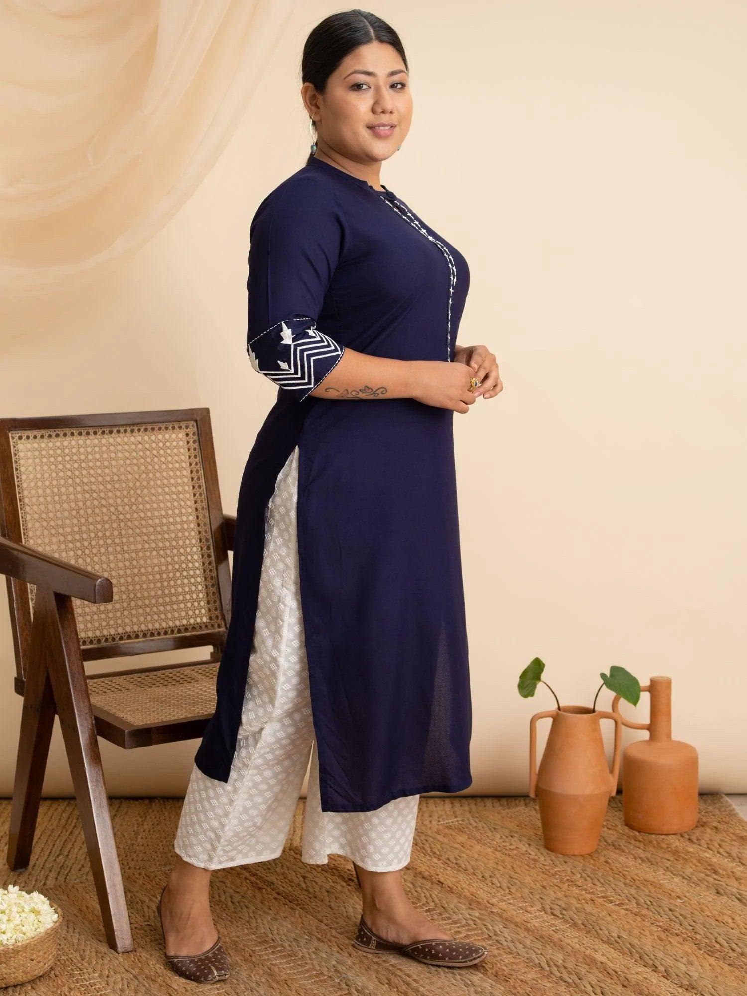 Plus Size Navy Blue Embroidered Rayon Kurta