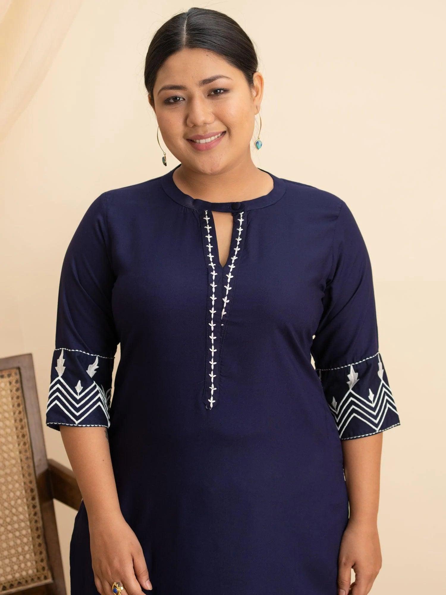 Plus Size Navy Blue Embroidered Rayon Kurta