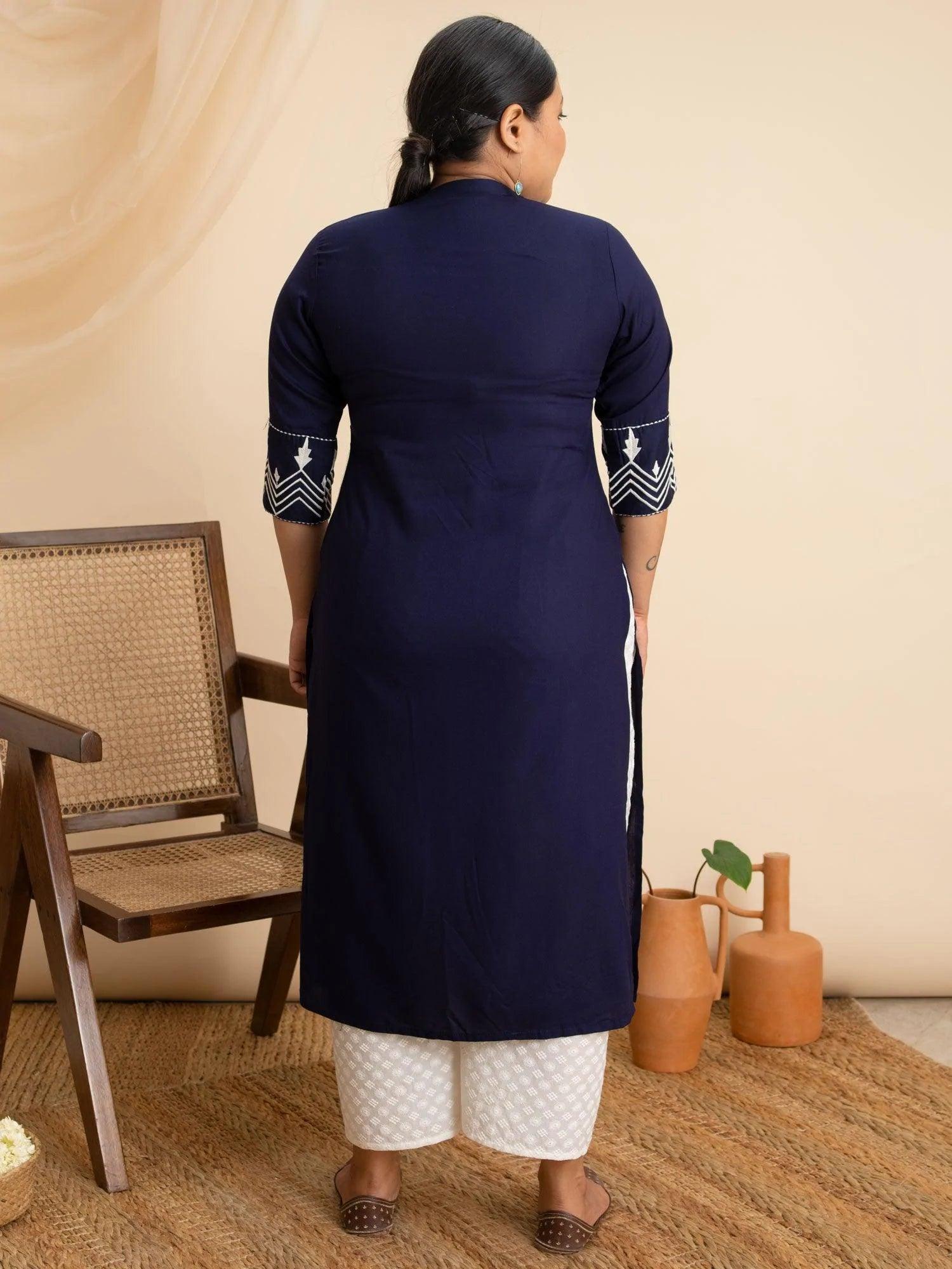 Plus Size Navy Blue Embroidered Rayon Kurta