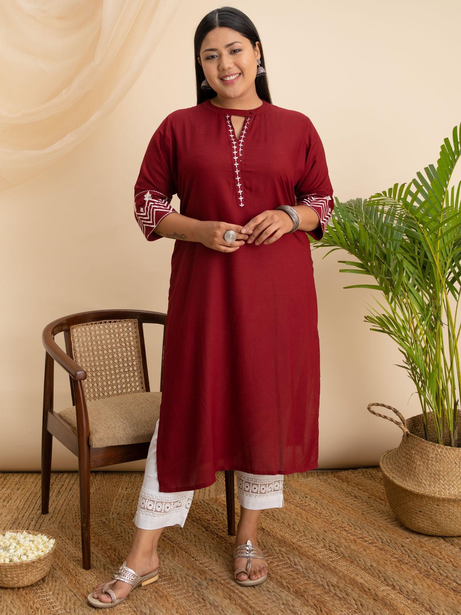 Plus Size Maroon Embroidered Rayon Kurta