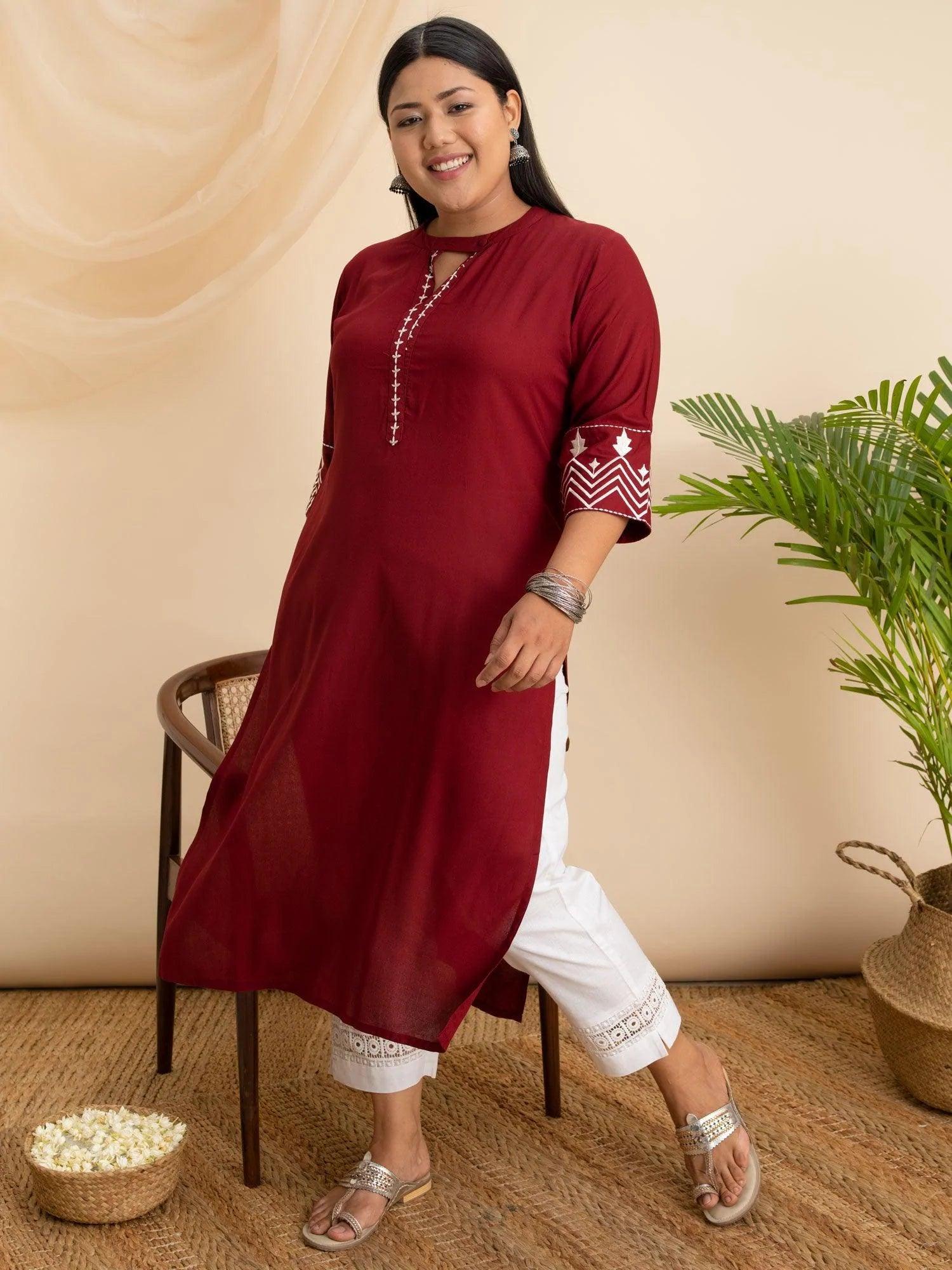 Plus Size Maroon Embroidered Rayon Kurta