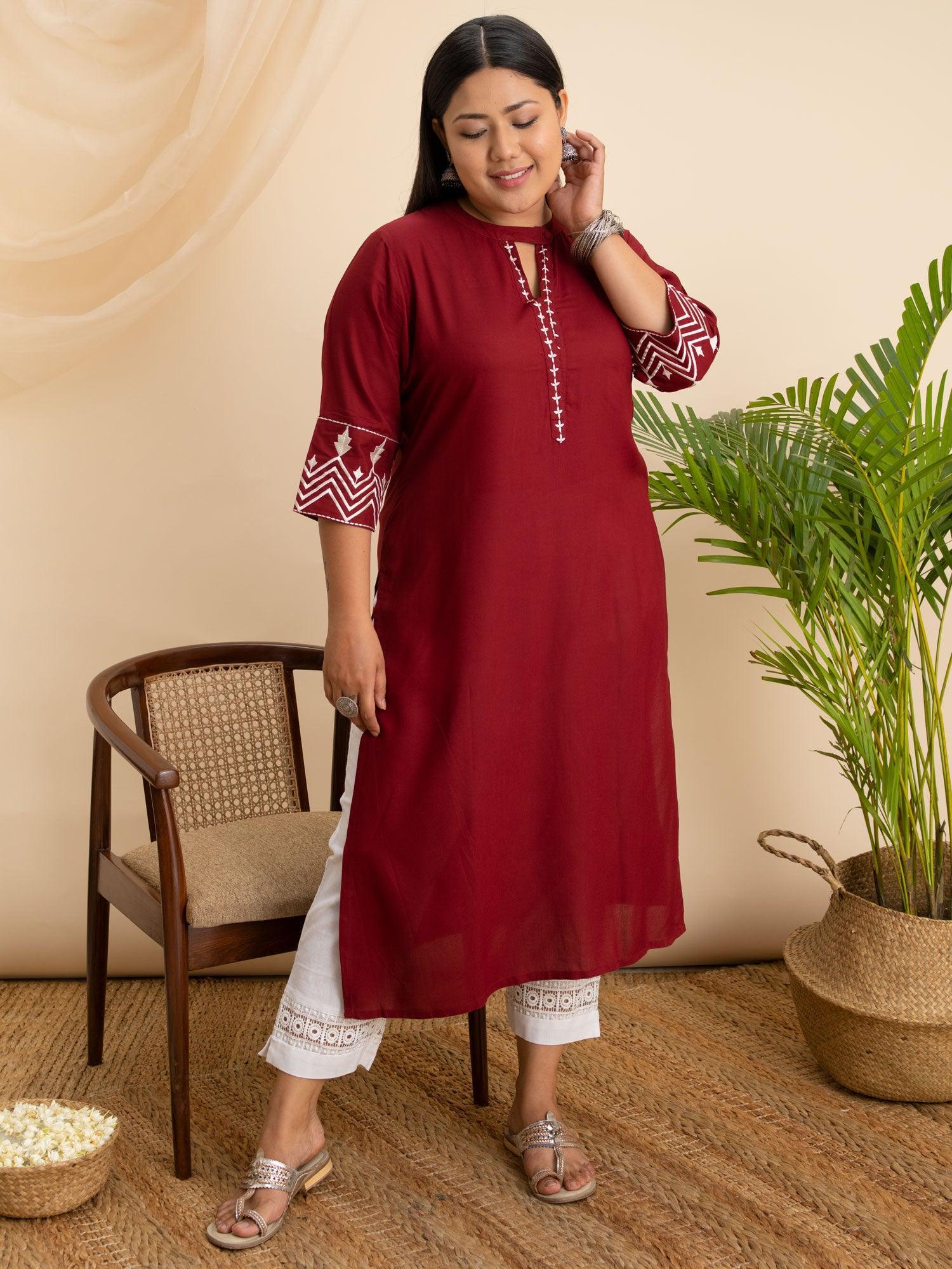 Plus Size Maroon Embroidered Rayon Kurta