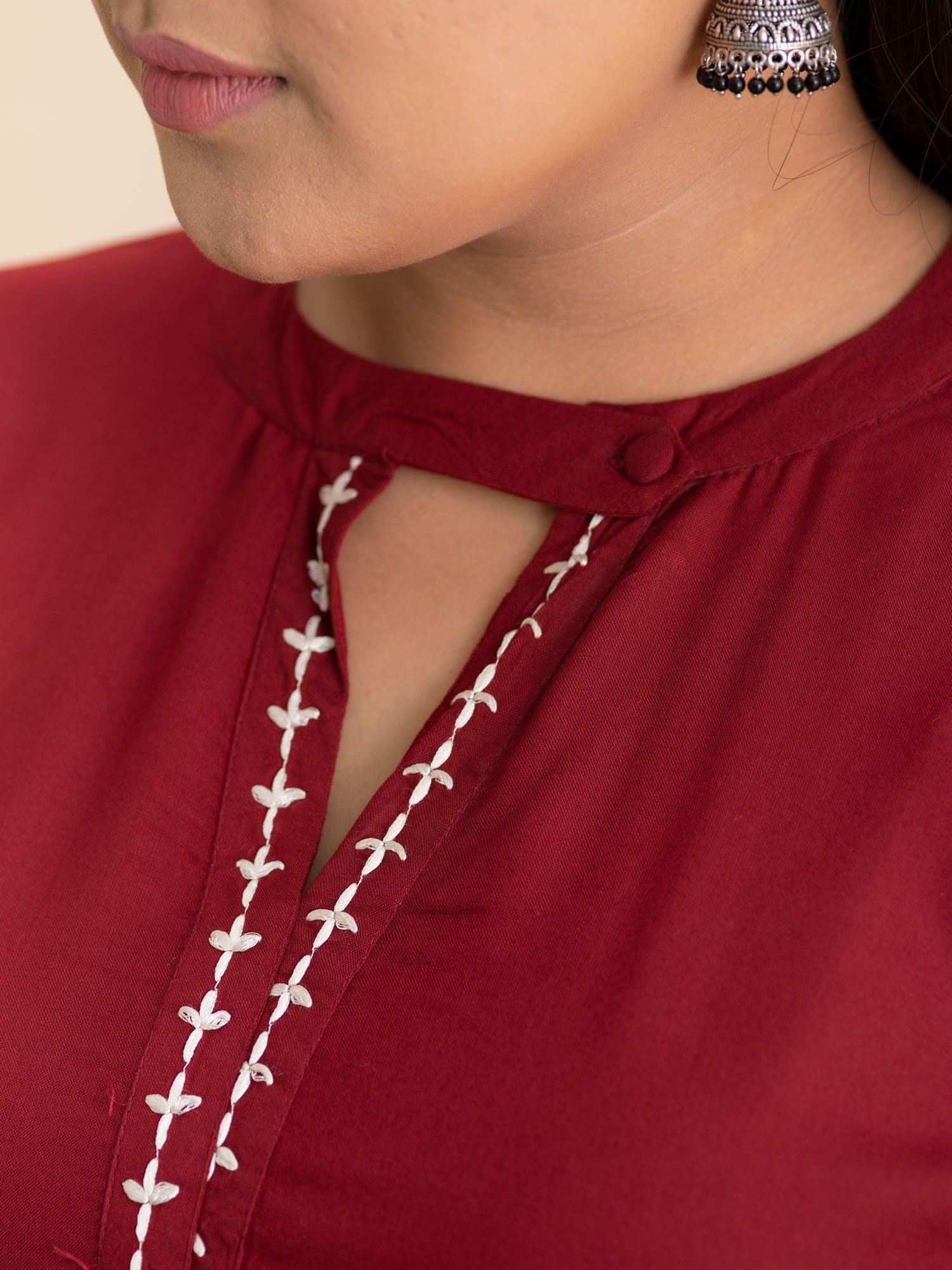 Plus Size Maroon Embroidered Rayon Kurta