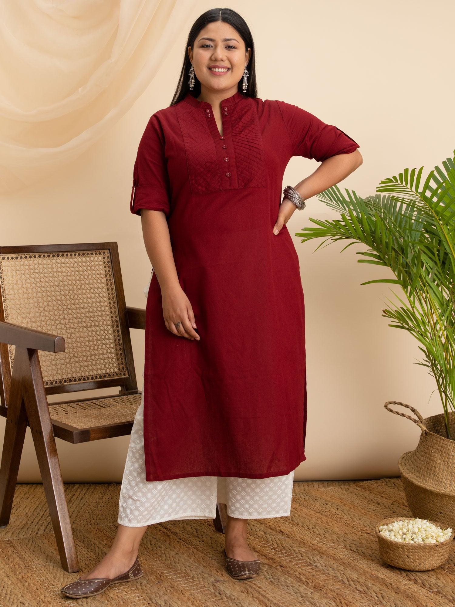 Plus Size Maroon Solid Cotton Kurta