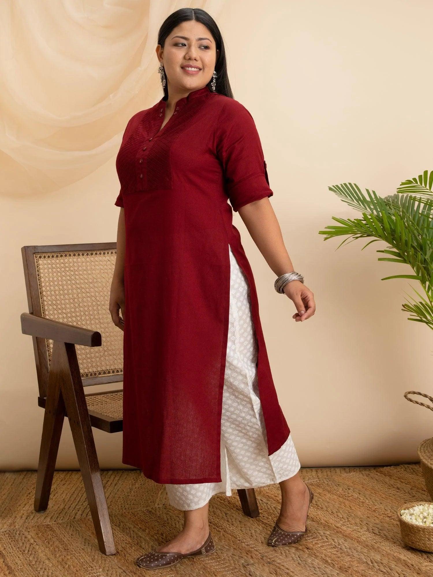 Plus Size Maroon Solid Cotton Kurta