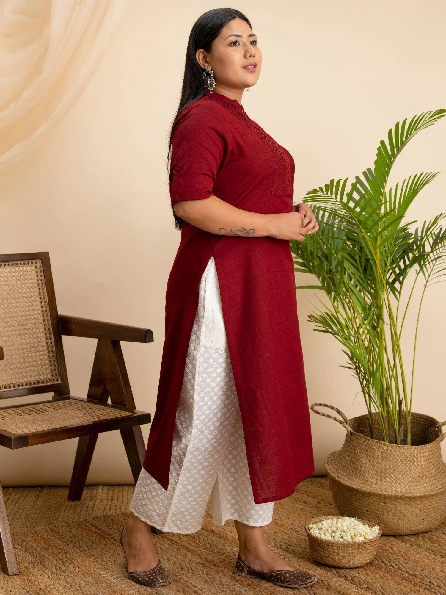 Plus Size Maroon Solid Cotton Kurta