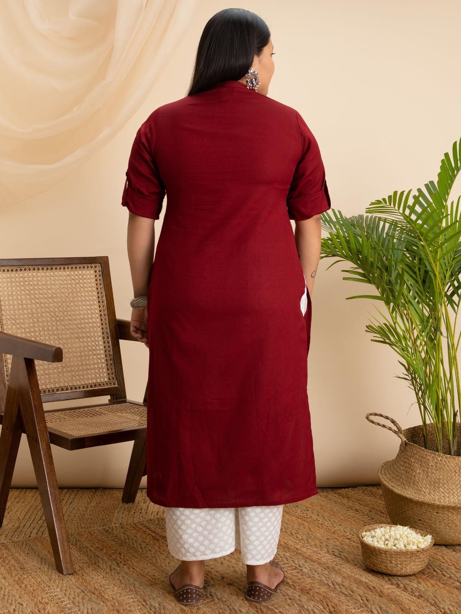 Plus Size Maroon Solid Cotton Kurta