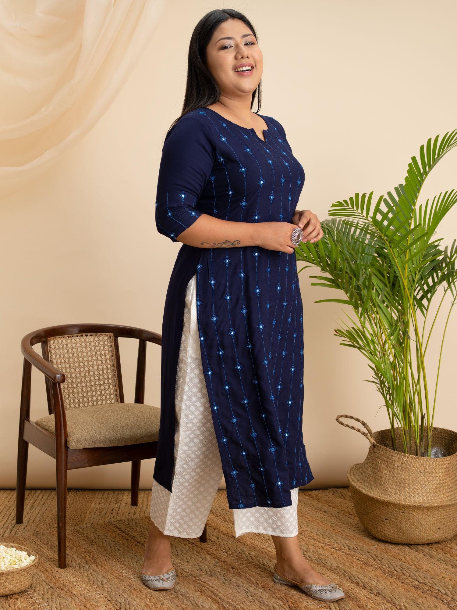 Plus Size Navy Blue Embroidered Rayon Kurta