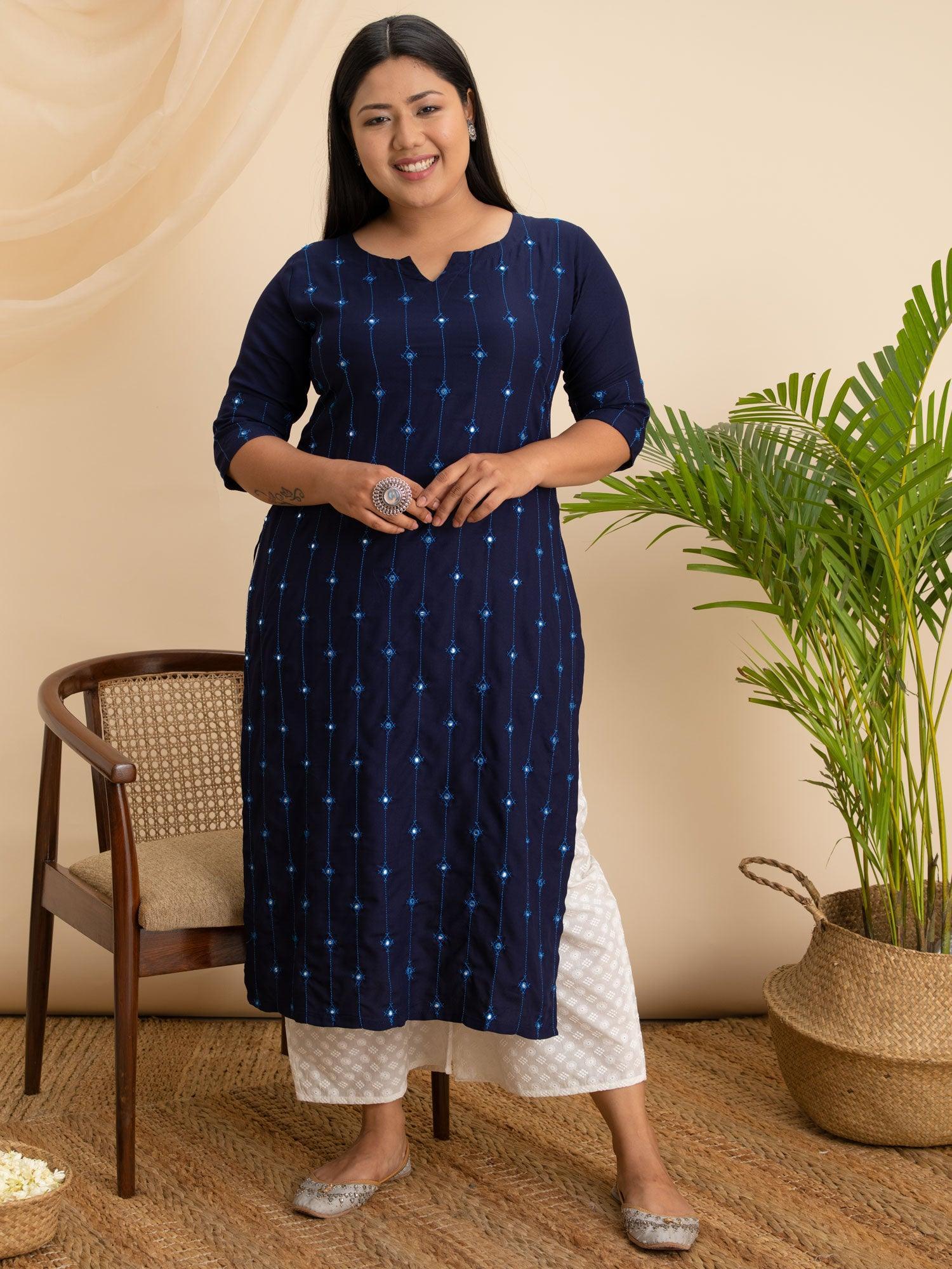 Plus Size Navy Blue Embroidered Rayon Kurta