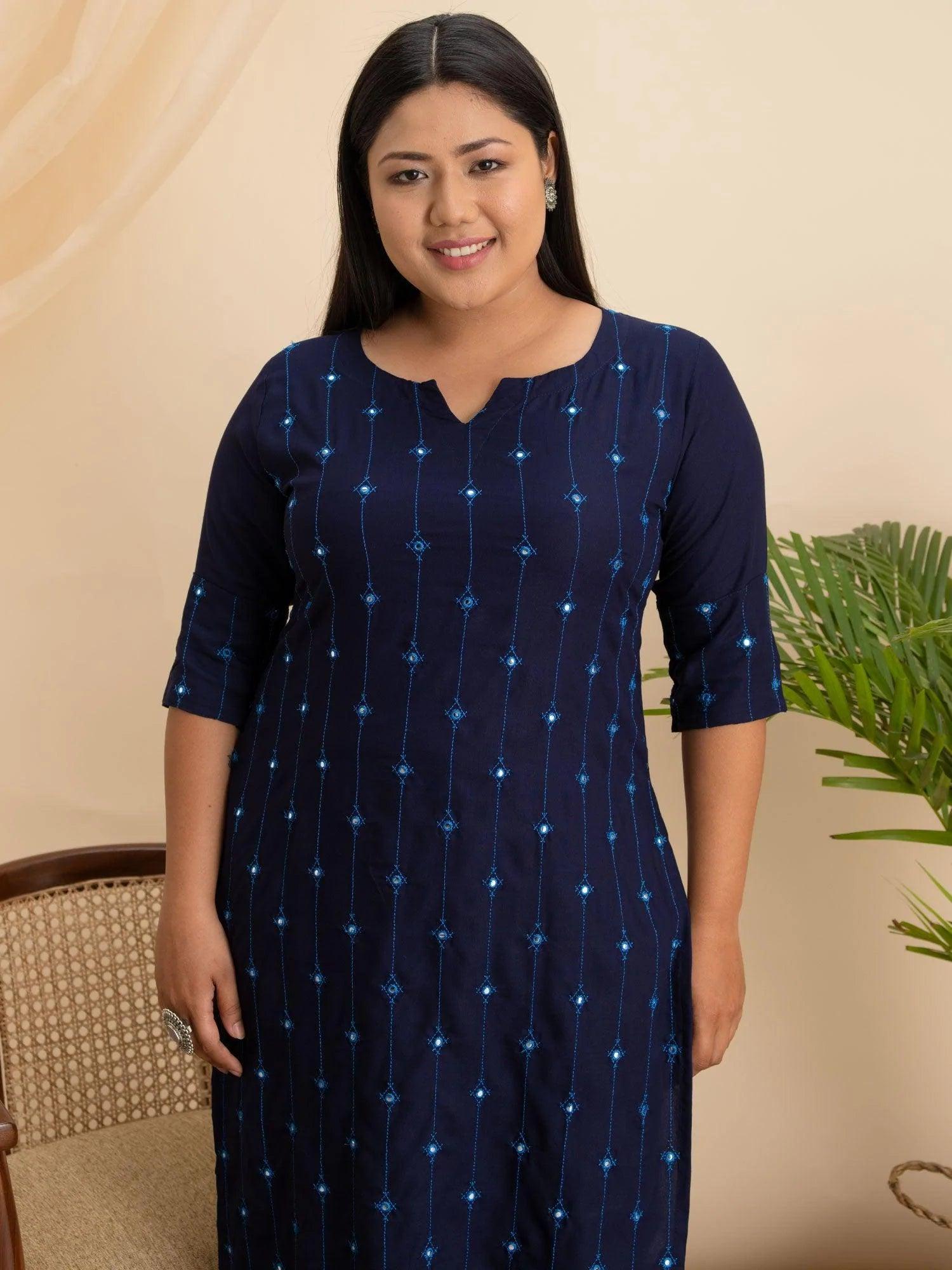 Plus Size Navy Blue Embroidered Rayon Kurta