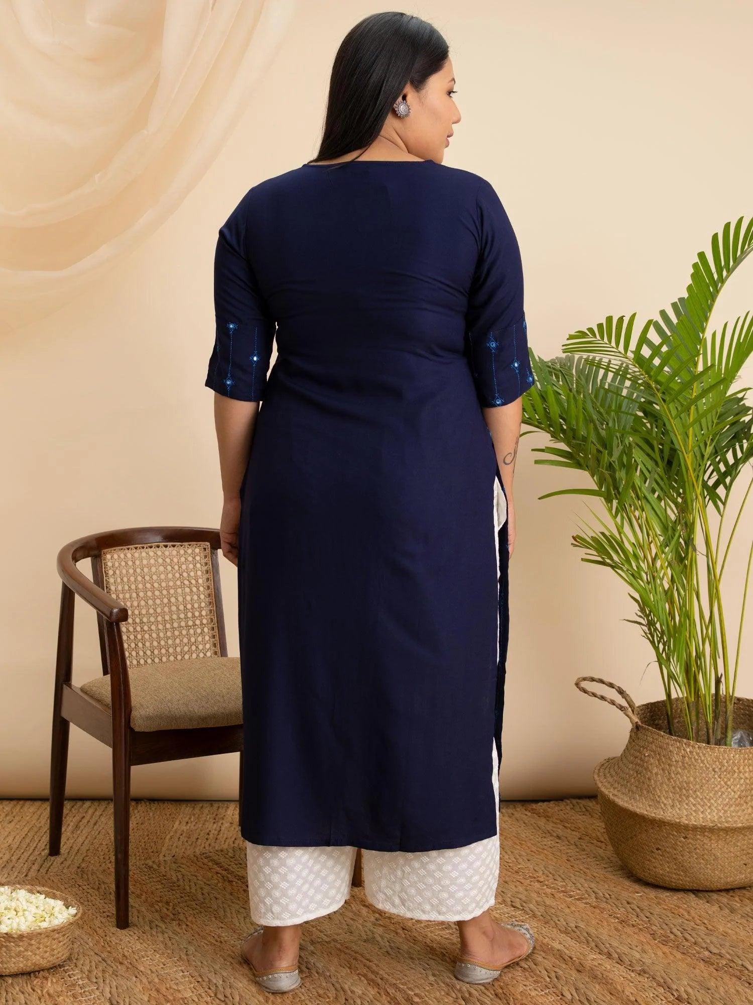 Plus Size Navy Blue Embroidered Rayon Kurta