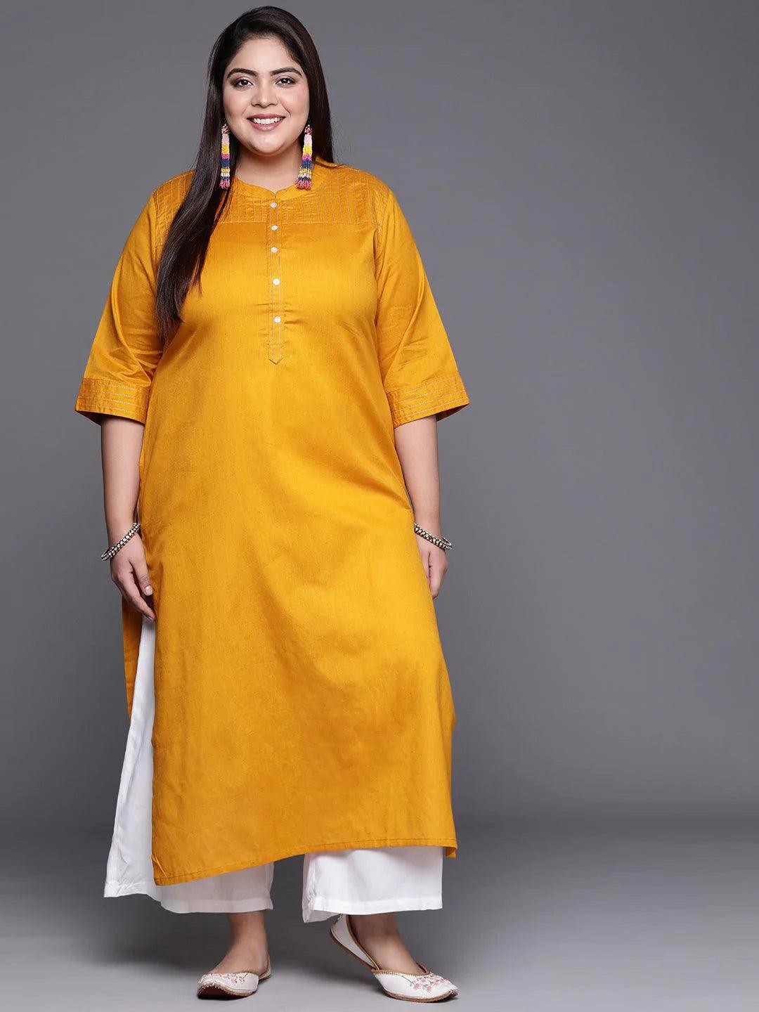 Plus Size Yellow Solid Cotton Kurta