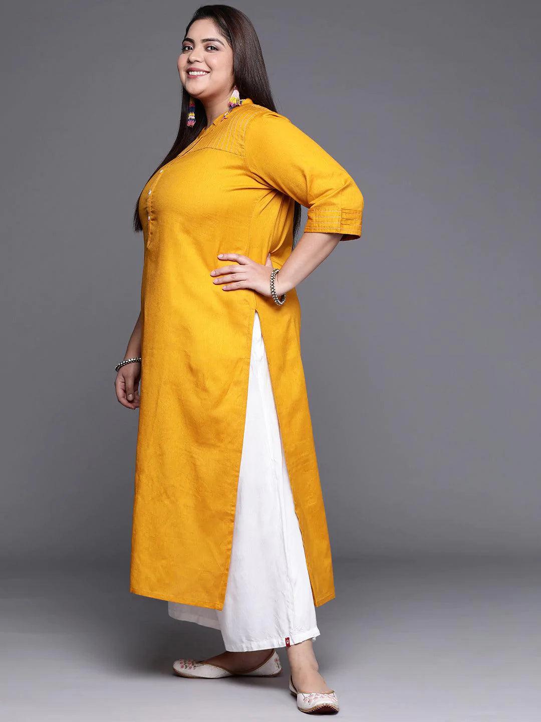 Plus Size Yellow Solid Cotton Kurta