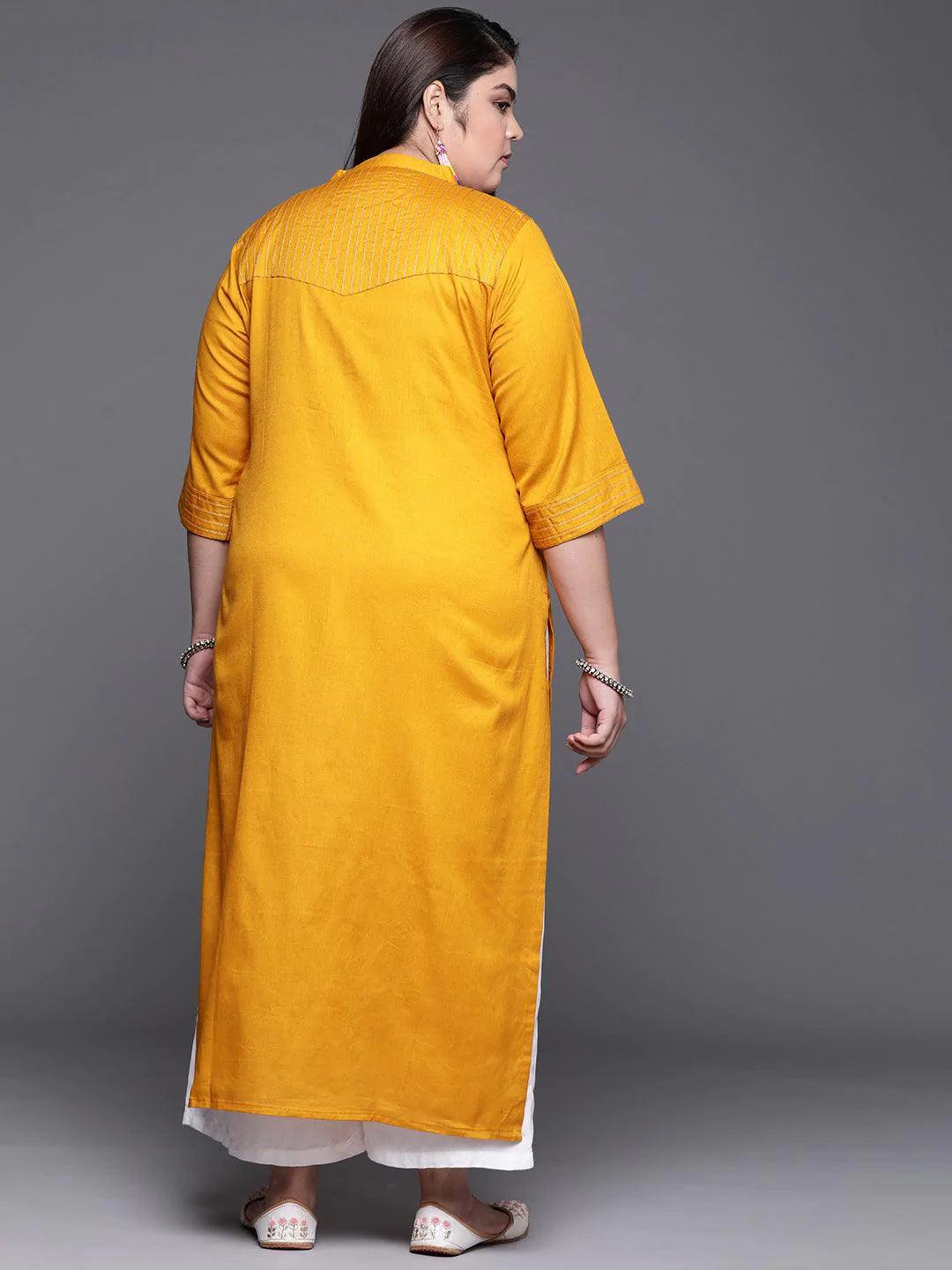 Plus Size Yellow Solid Cotton Kurta