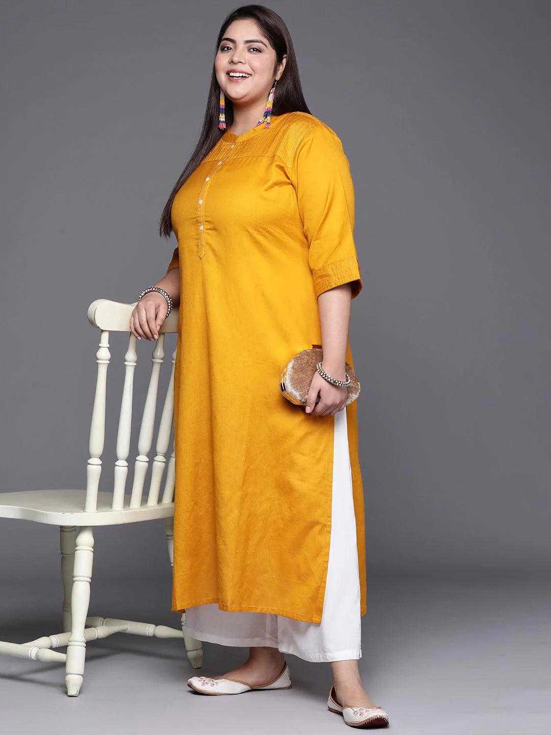 Plus Size Yellow Solid Cotton Kurta